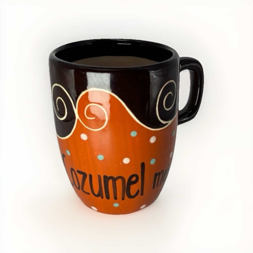 COZUMEL MEXICO BROWN/MULTI-COLOR SOUVENIR SHORT CERAMIC COFFEE MUG GLASS